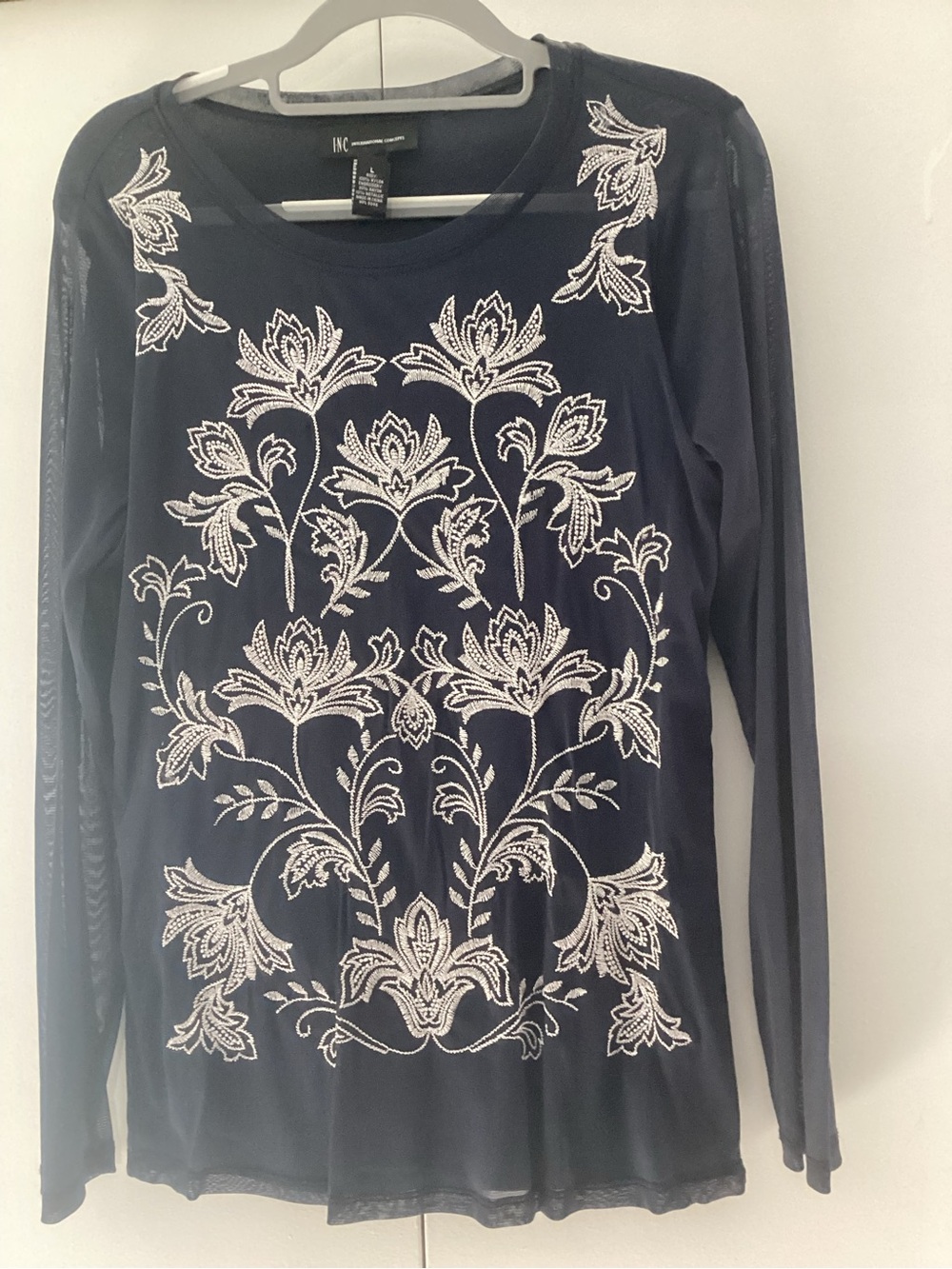 INC International Concepts Navy Long-Sleeve Embroidered Mesh Top